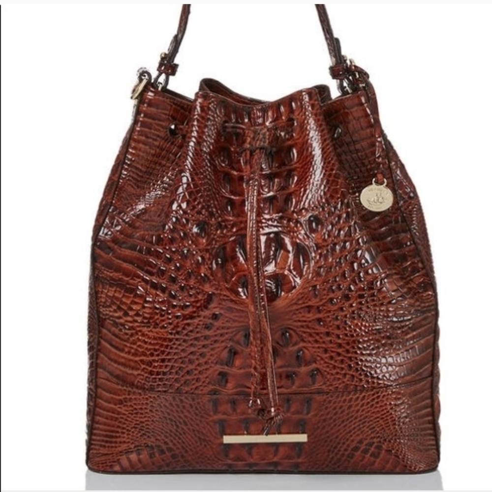 Brahmin Chestnut Croc-Embossed Leather Drawstring Bucket Bag